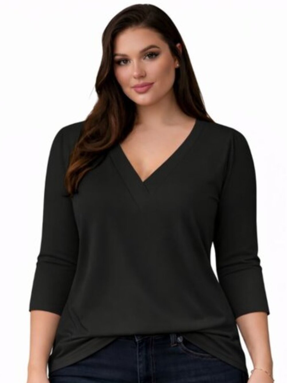 Women’s 3/4 Sleeve V Neck Tops Loose Fit T Shirt, BLACK, Size SMALL